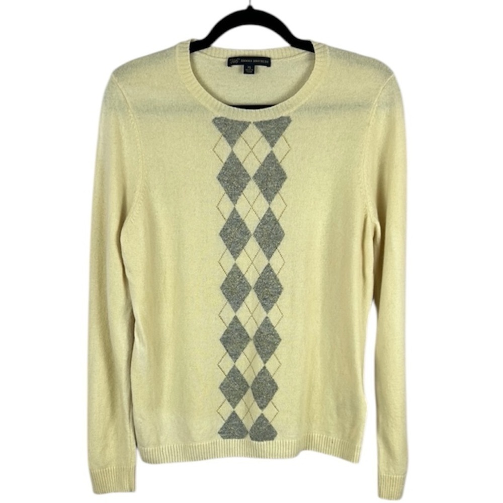 Brooks Brothers Cashmere Blend Argyle Long Sleeve Sweater XL Cream Grey FLAW